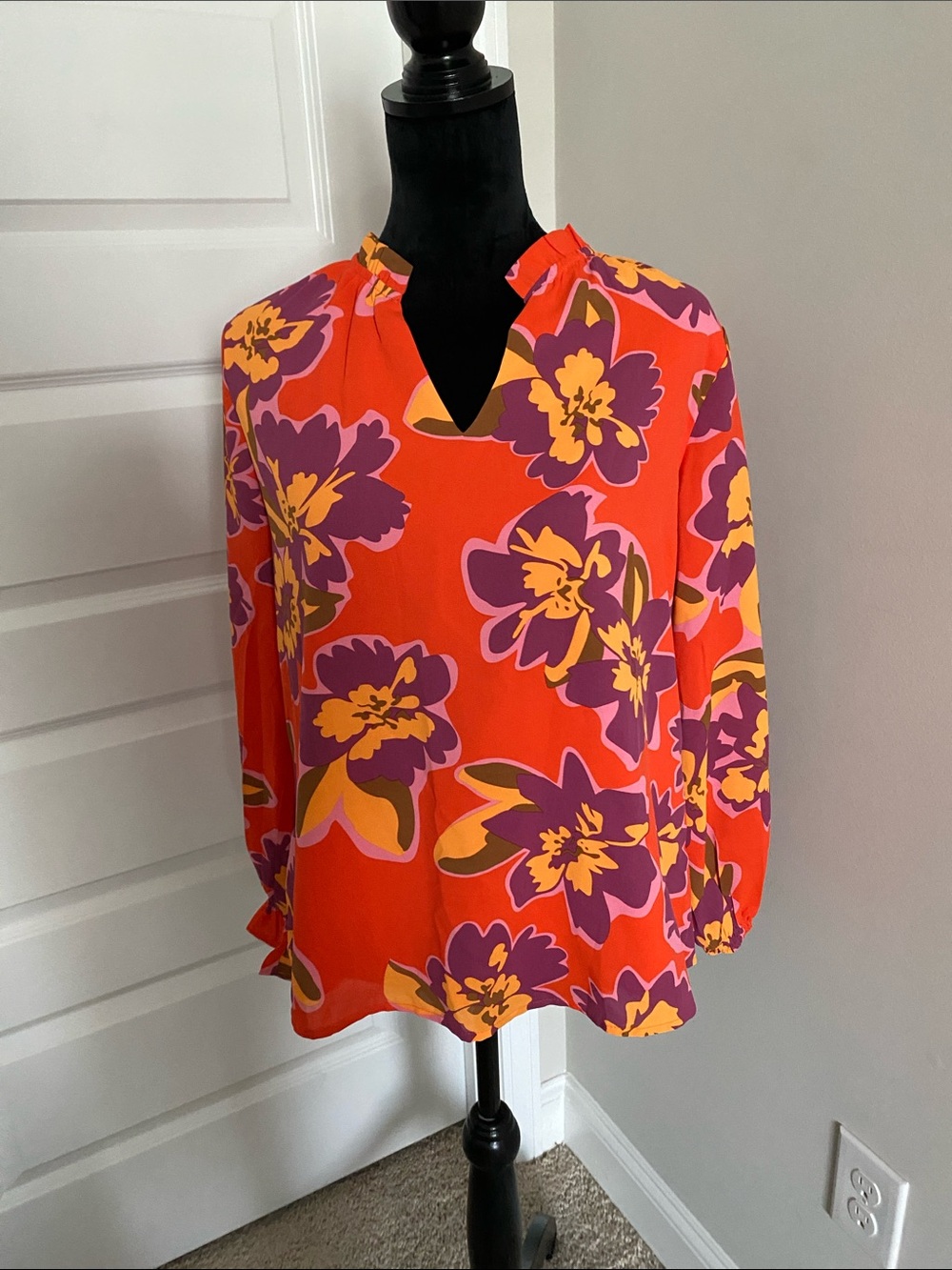 Bright Orange Floral Split-Neck Women's Blouse